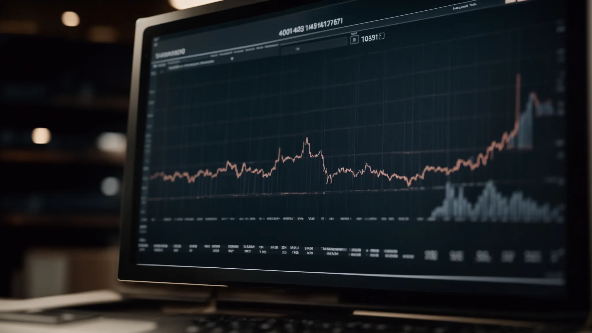 a chart with rising bars and a computer displaying shopping graphs in the background.