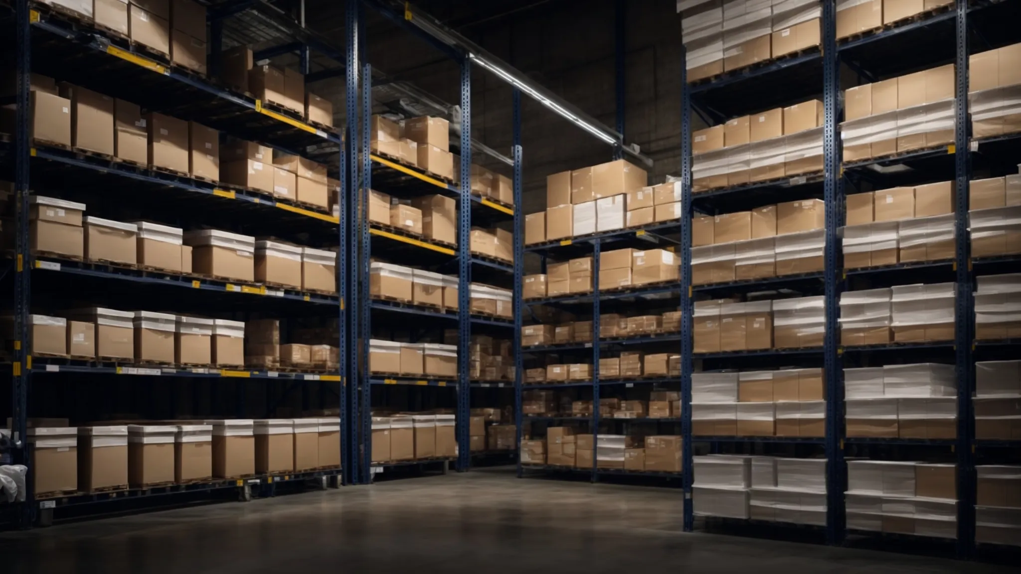 rows of organized shelves in a warehouse with a digital tablet displaying graphs and charts placed on a worktable.