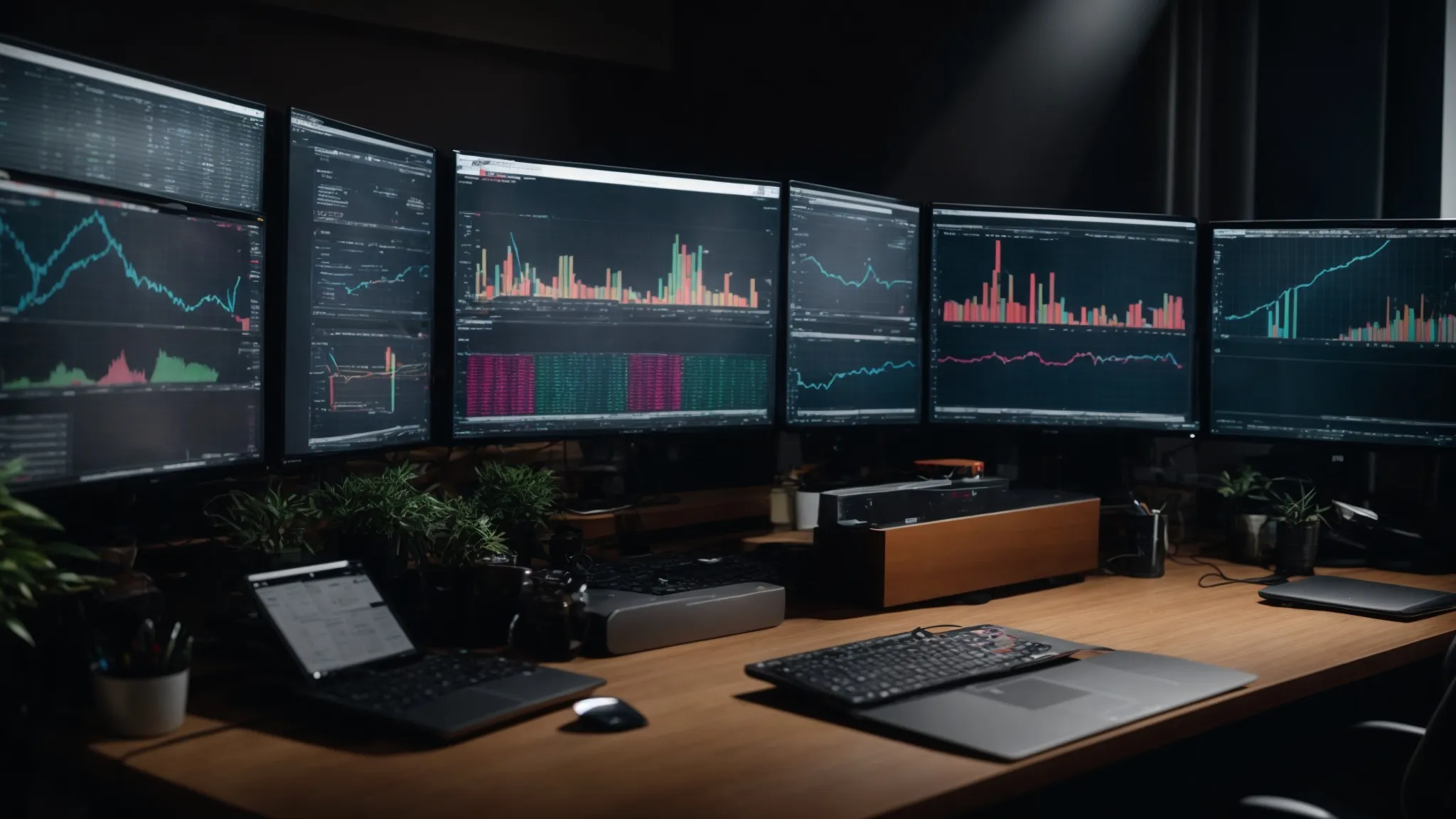a person sitting at a desk with multiple computer screens displaying colorful graphs and charts related to website user interactions.