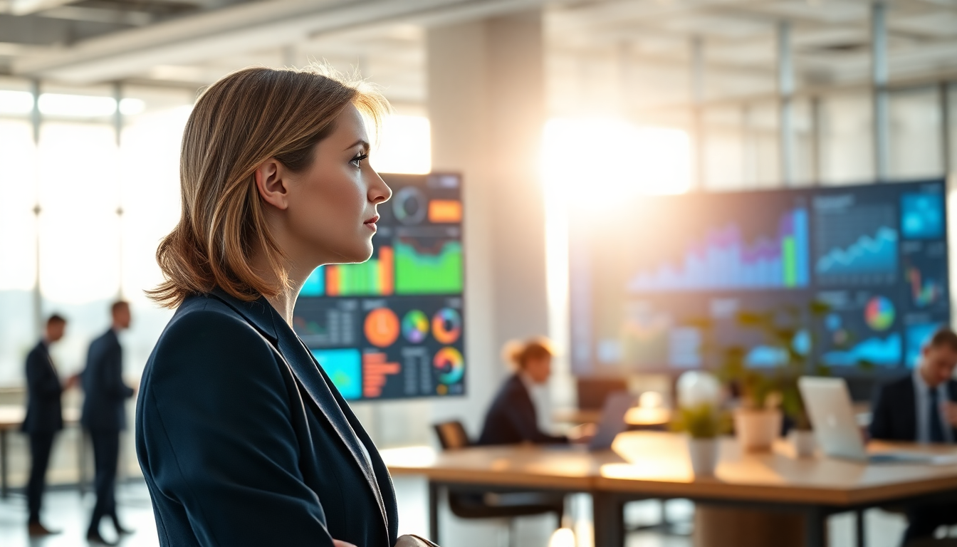 Executive reviewing data on a large digital dashboard.