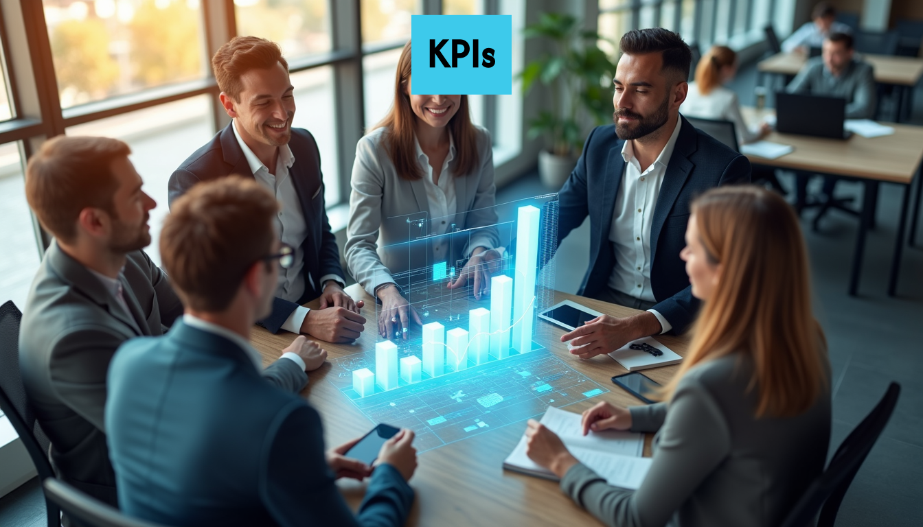 Business team analyzing glowing data chart.