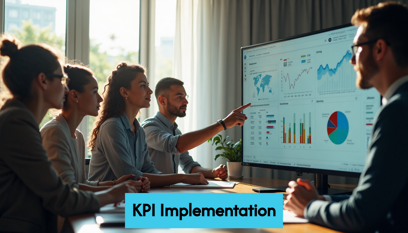 Business team reviewing performance metrics on a screen.