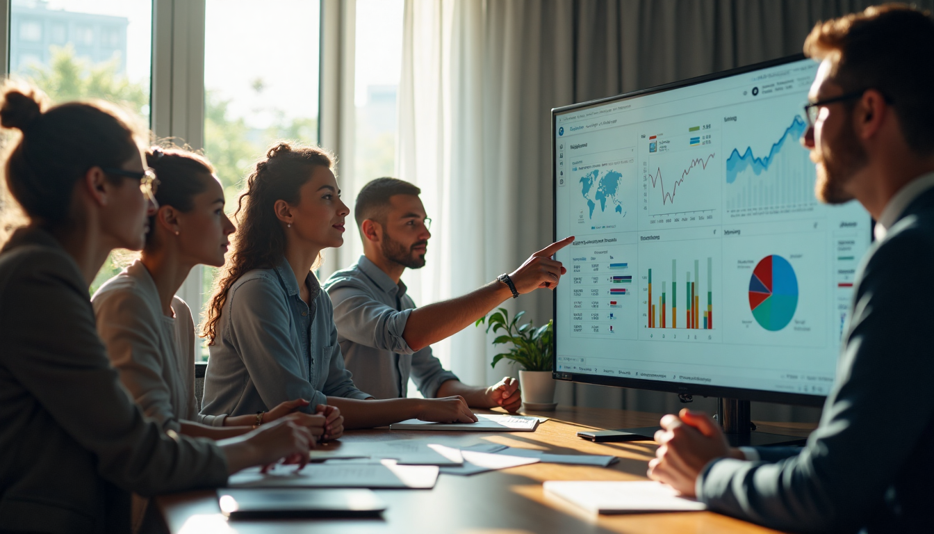 Business team reviewing performance metrics on a screen.