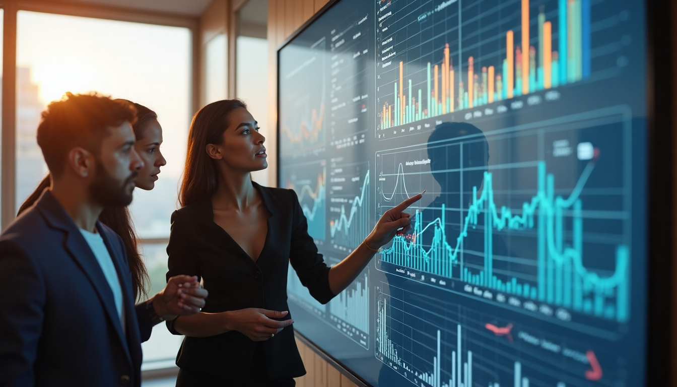 Marketing team discussing data on a screen