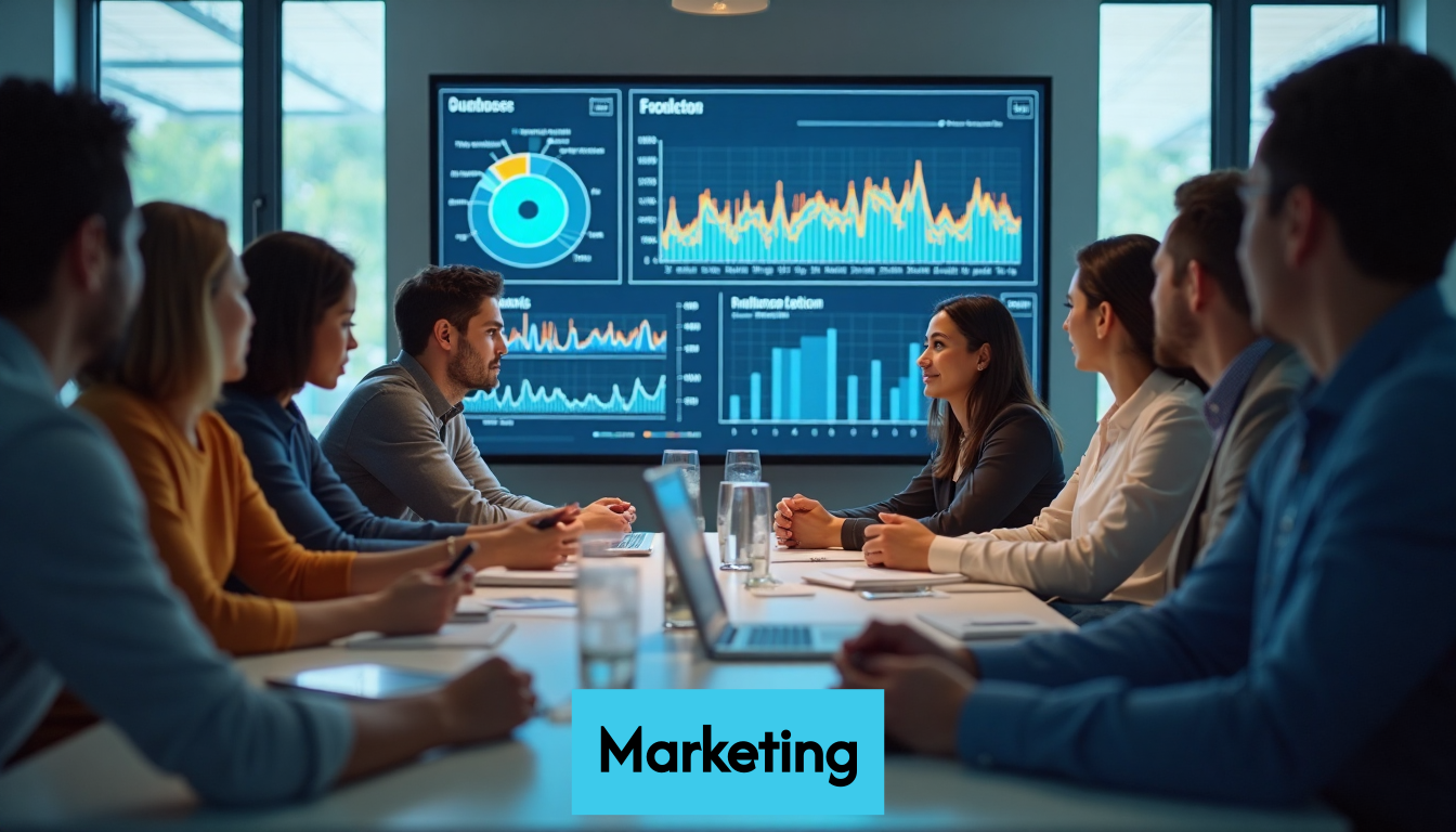 People collaborating around a digital marketing report dashboard.
