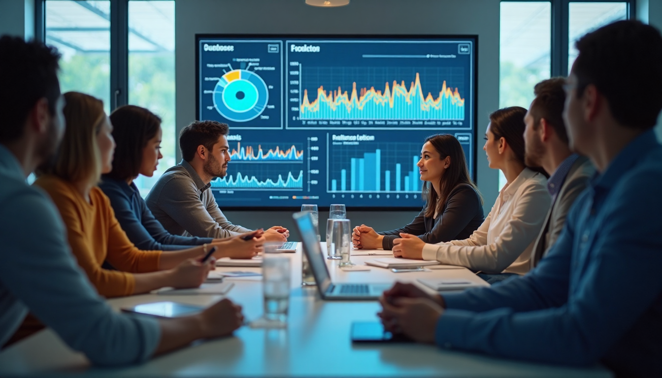 People collaborating around a digital marketing report dashboard.