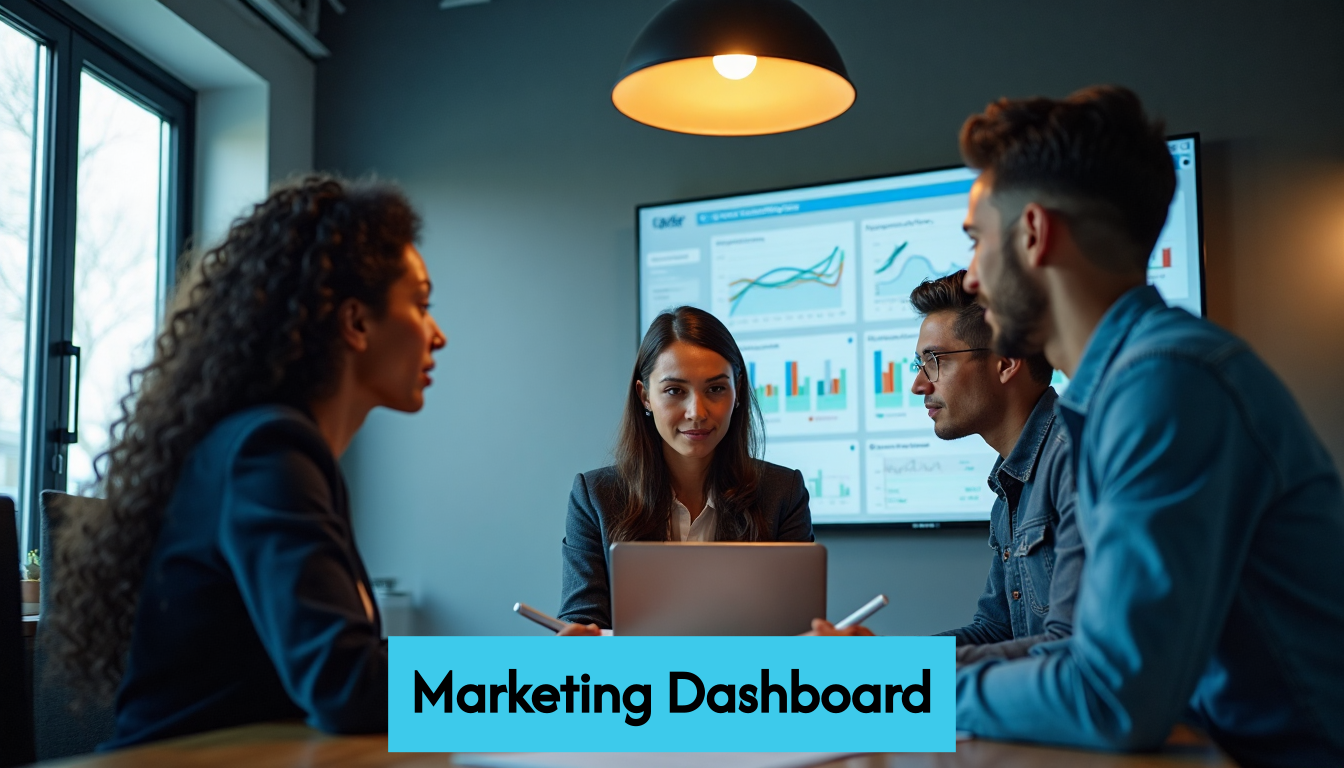 Marketing team analyzing performance dashboard on screen.