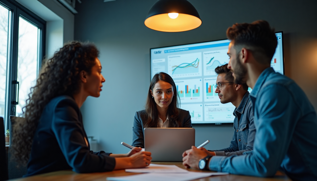 Marketing team analyzing performance dashboard on screen.