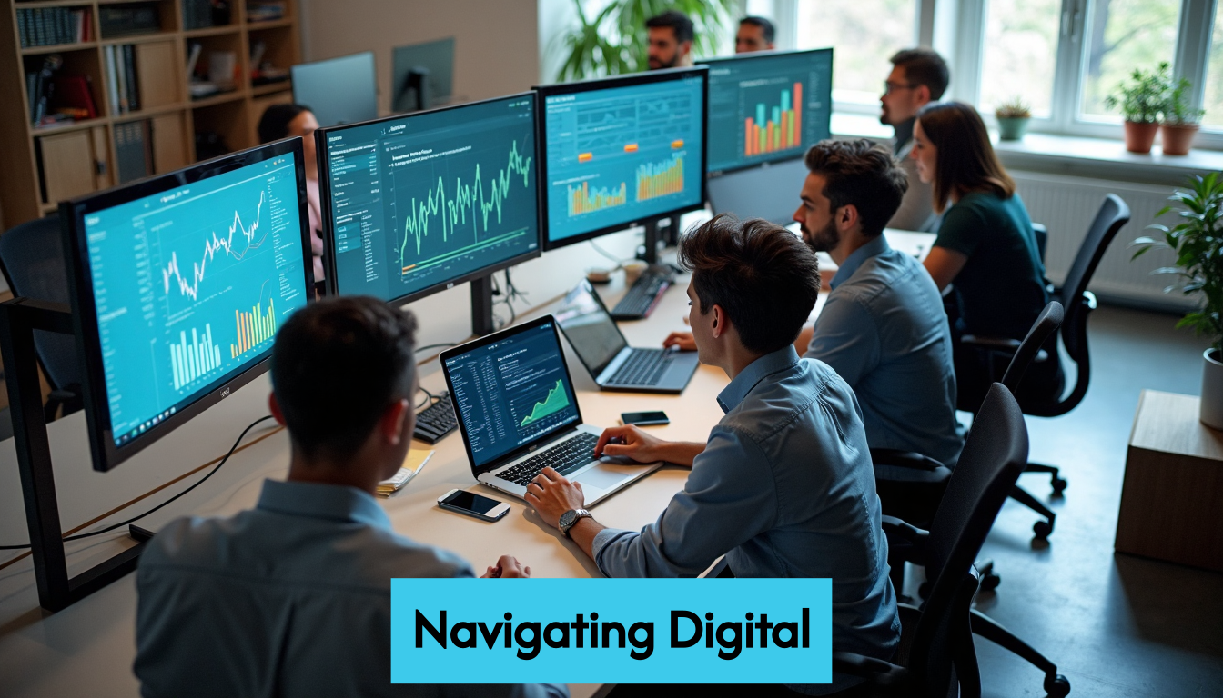 Marketing professionals analyzing data on screens
