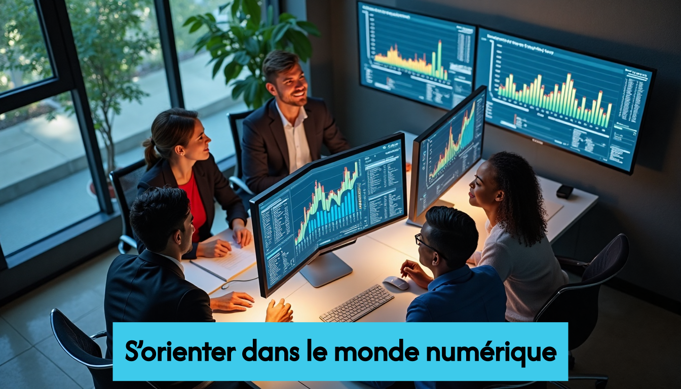 Marketing professionals analyzing data on screens
