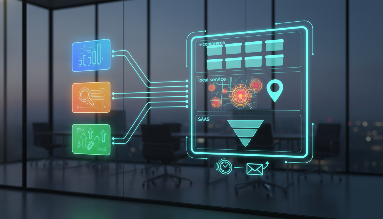 Conceptual visual of an automated reporting workflow: a wall of three distinct, non-branded app-style source tiles (representing web analytics, search console data, and rank/backlink tools) feeding glowing pipeline streams into a central dashboard screen. The dashboard displays templated panels for three business models (e-commerce: product grid, local service: map pin heatmap, SaaS: funnel visualization) shown as graphical shapes only (no text). A small scheduling clock icon and an outgoing envelope animation imply scheduled delivery; cyan accent on pipelines and template highlights (10–15%), cinematic depth, modern office setting, no logos or readable labels, 16:9 aspect ratio