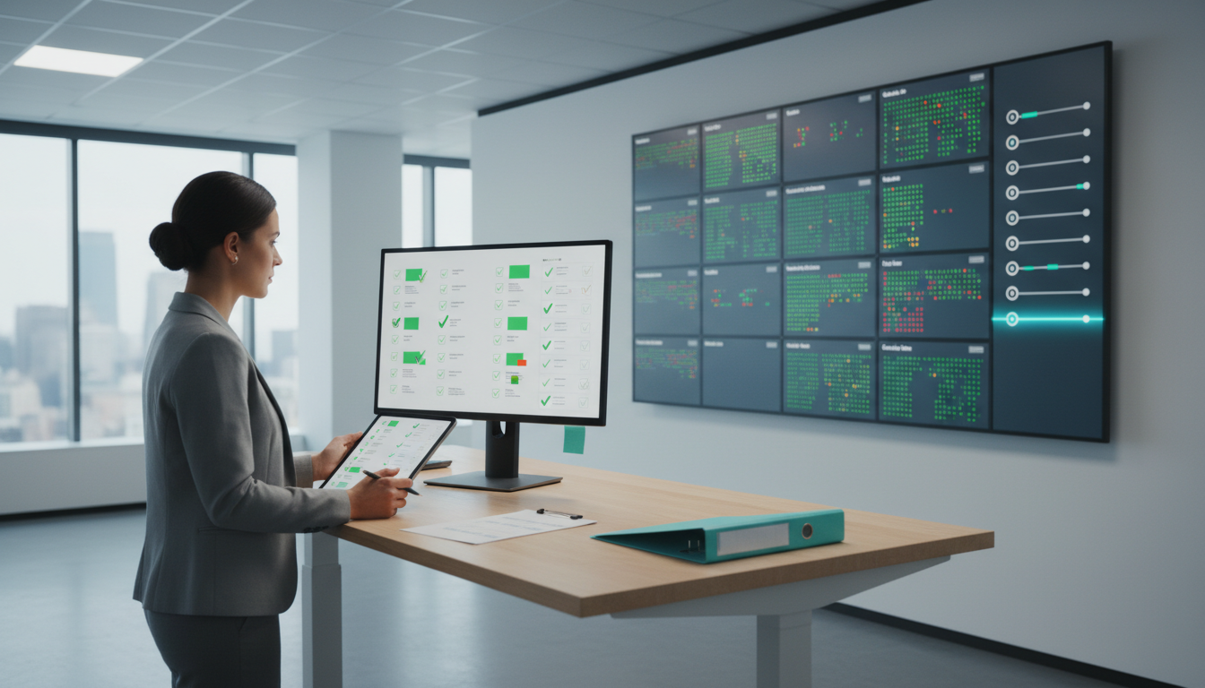 Team quality-control and scaling scene: an account manager at a standing desk validating a visual checklist on a monitor while an adjacent large screen shows a portfolio master dashboard with many client tiles and green/yellow/red status dots (no text). To the side, a version-control/timeline strip with commit-like dots and a highlighted row showing consistent date-range alignment (visual bars, no numbers). Props include a printed data-validation checklist with checkmarks (no text), branded-cyan binder accent (10–15%), crisp professional lighting, high realism, no on-screen text or brand marks, 16:9 aspect ratio