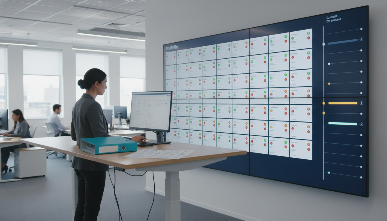 Team quality-control and scaling scene: an account manager at a standing desk validating a visual checklist on a monitor while an adjacent large screen shows a portfolio master dashboard with many client tiles and green/yellow/red status dots (no text). To the side, a version-control/timeline strip with commit-like dots and a highlighted row showing consistent date-range alignment (visual bars, no numbers). Props include a printed data-validation checklist with checkmarks (no text), branded-cyan binder accent (10–15%), crisp professional lighting, high realism, no on-screen text or brand marks, 16:9 aspect ratio