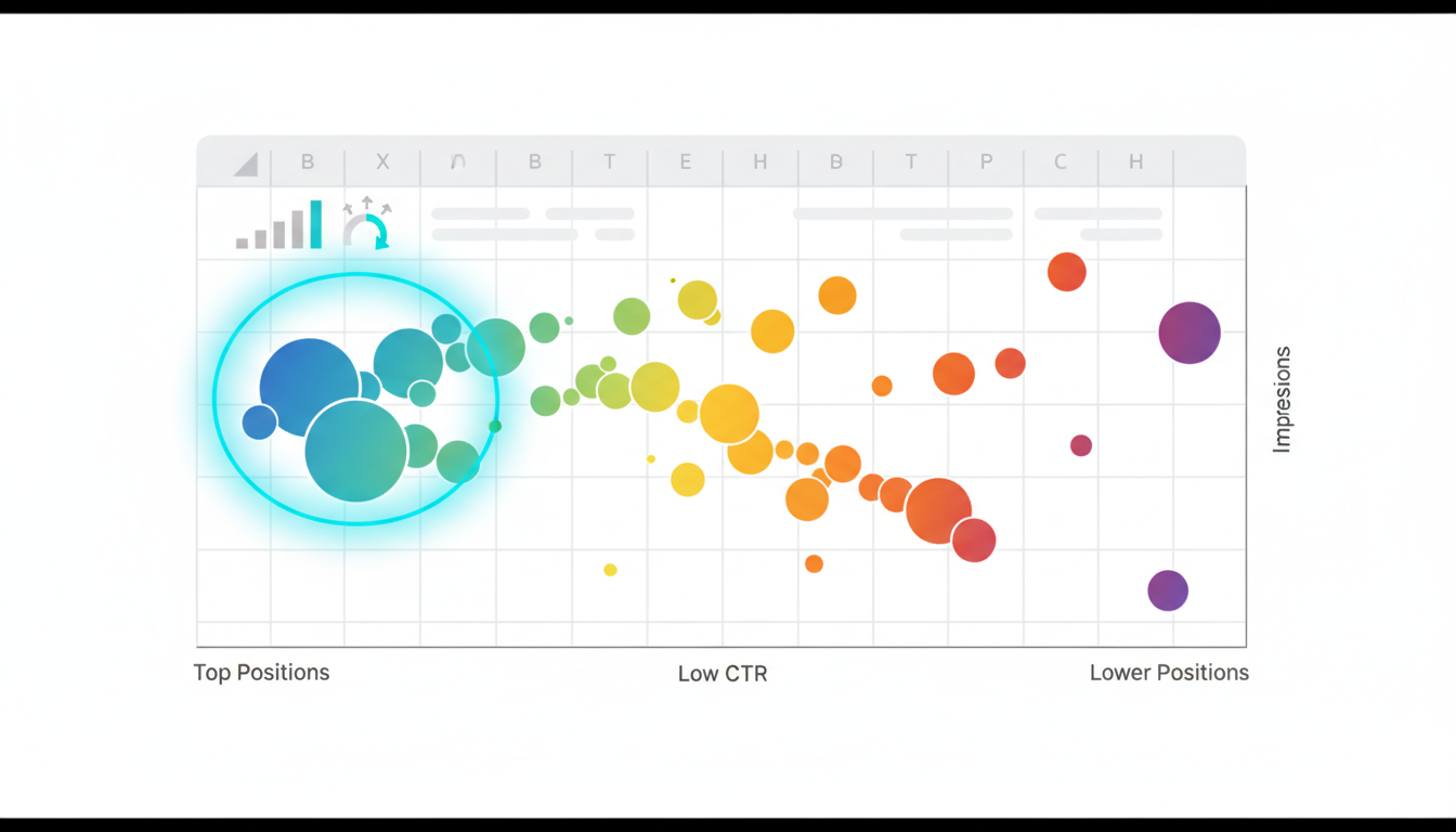 Clean technical illustration of a CTR vs. Position opportunity model: a scatterplot-style view layered over a spreadsheet tab where horizontal position implies ranking (left = top positions) and vertical height implies CTR; each query is a bubble sized by impressions and color-shaded by segment. A cluster of bubbles in the high-position / low-CTR area is outlined with a cyan glow to indicate 'quick-win' opportunities. Include adjacent micro visual elements like small sparkline bars and a tiny potential-traffic gain arc (all purely graphical, no numbers or labels). Flat vector style, white background, #00D9FF used subtly on highlights (~12%), no text or logos, 16:9 aspect ratio