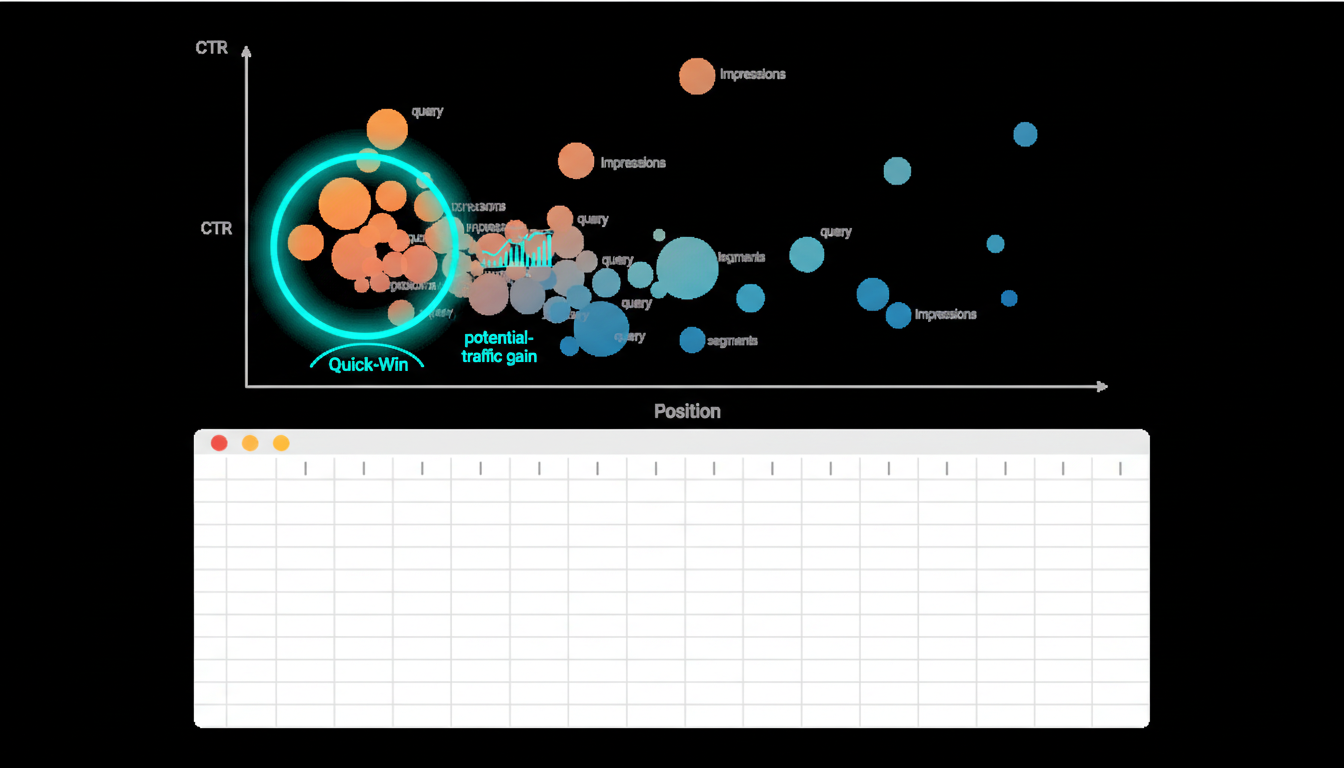 Clean technical illustration of a CTR vs. Position opportunity model: a scatterplot-style view layered over a spreadsheet tab where horizontal position implies ranking (left = top positions) and vertical height implies CTR; each query is a bubble sized by impressions and color-shaded by segment. A cluster of bubbles in the high-position / low-CTR area is outlined with a cyan glow to indicate 'quick-win' opportunities. Include adjacent micro visual elements like small sparkline bars and a tiny potential-traffic gain arc (all purely graphical, no numbers or labels). Flat vector style, white background, #00D9FF used subtly on highlights (~12%), no text or logos, 16:9 aspect ratio