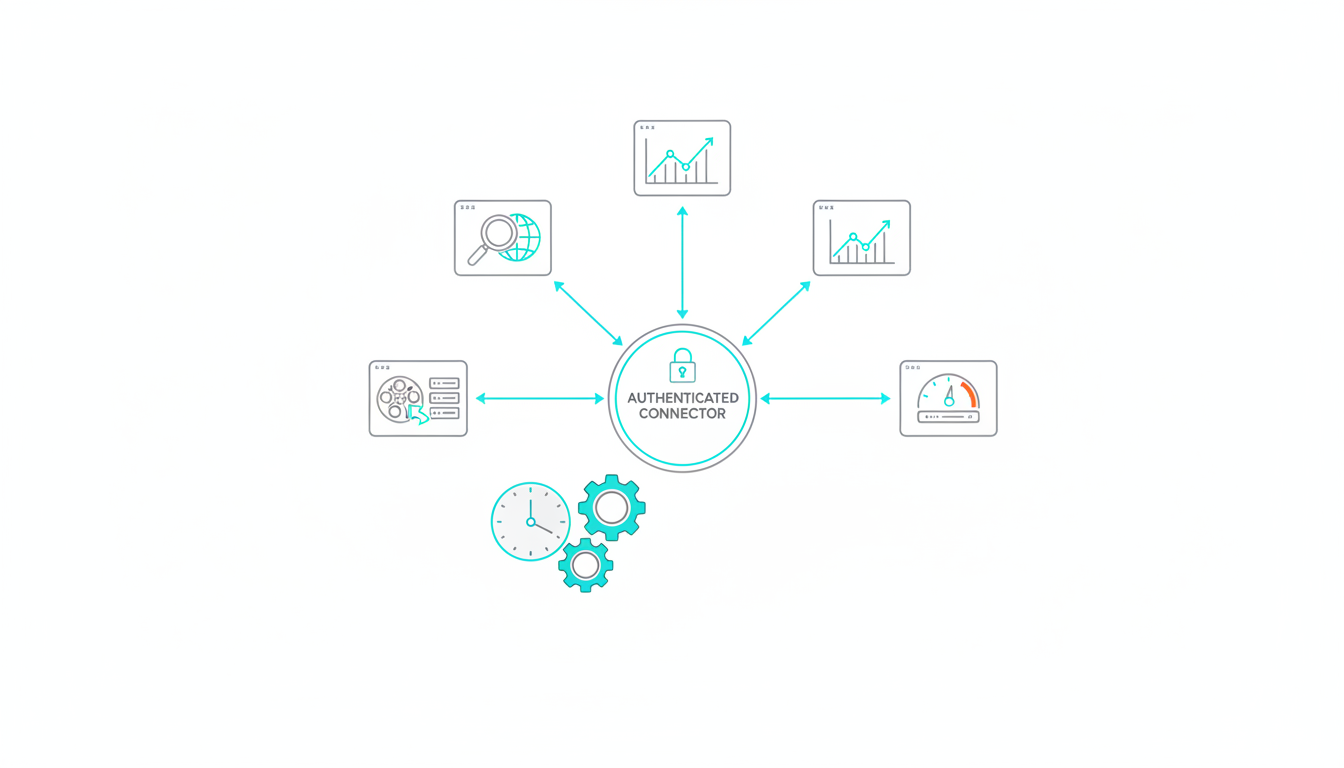 Technical diagram-style illustration of a measurement stack: five stylized data source modules (search engine crawler icon, analytics graph icon, speedometer snapshot icon, crawler/scan icon, server log reel) arrayed around a central authenticated connector node with secure link lines flowing inward; include small automation gears and a clock overlay to imply automated refresh cadence, no vendor logos or text, white background, thin gray UI lines, cyan (#00BEF1) used on connector lines and gear highlights, clean flat technical illustration, 16:9 aspect ratio