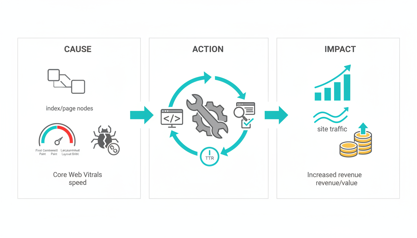 Narrative technical illustration split into three horizontal panels flowing left to right: left panel shows technical metric icons (index/page nodes, Core Web Vitals speed gauge, crawl bug) in muted gray; middle panel shows diagnostic workflow (arrows, wrench/repair gear, time-to-resolution clock) with cyan accents; right panel shows business outcome metaphors (rising bar chart, simplified site traffic wave, coin stack) — all pictograms only, no text, arrows and flow lines connect panels to make the cause→action→impact story explicit, white background, consistent line weight and cyan accents, 16:9 aspect ratio