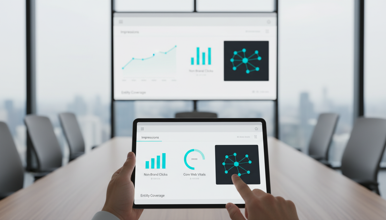 Photorealistic product-in-context shot of a white-label dashboard displayed on a tablet and a large wall monitor in a conference room: multiple anonymized widgets (a smooth cyan trend line for impressions, compact bar clusters suggesting non-brand clicks, a small radial gauge implying Core Web Vitals, and a simplified node map for entity coverage) — all data blurred or represented as abstract shapes so no text/numbers appear, producers' hands gesturing toward a widget, brand cyan used for key highlights (#00D9FF) on an otherwise neutral UI, professional modern style, 16:9 aspect ratio