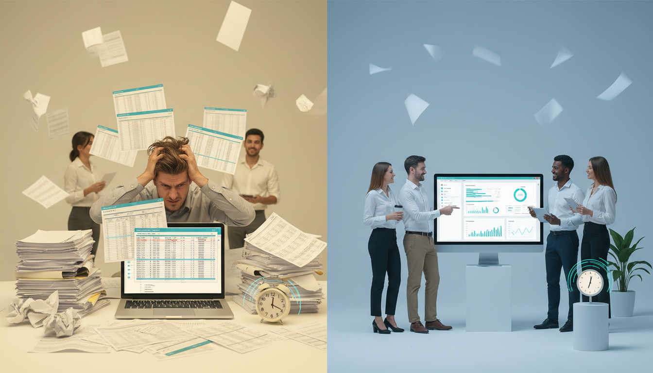 Before-and-after agency workspace split: left side cluttered with printed spreadsheets, open spreadsheets on a laptop, and a stressed team member; right side streamlined with one central dashboard on a monitor, teammates collaborating around it and relaxed, visual metaphors for reclaimed time (paper pages floating away, a small analog clock with abstract motion blur) — balanced composition, subtle cyan accents on the dashboard and clock (#00D9FF) to tie to brand, no text, photorealistic, conveys time savings and resource reallocation specific to agency reporting automation, 16:9 aspect ratio