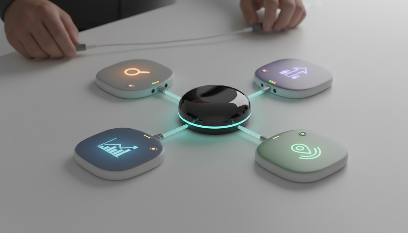 Integration blueprint close-up: an isometric desk scene showing a glossy central dashboard hub (polished circular puck with a faint cyan halo) connected by translucent fiber‑optic light strands to four distinct rounded data modules (abstract tiles representing analytics, search, local listings, and rank tracking) — each tile uses a different subtle accent and small symbolic glyphs (abstract shapes, no readable text or brand logos); technicians' hands in the background plug in cables, small status LEDs show green/yellow states, white workspace and soft studio lighting, maintain same cyan accent level and photorealistic professional look, no visible text or commercial logos, 16:9 aspect ratio