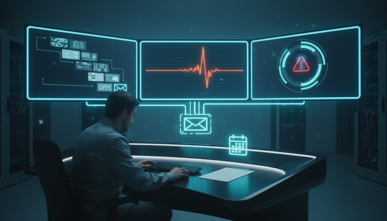 Automation and alerting 'mission control' scene: a compact control desk with an analyst viewing three oversized dashboard panels — one panel shows a timeline with a pronounced orange anomaly spike, another shows a sequence of scheduled report tiles flowing toward an outgoing envelope module, and the third displays a rotating alert indicator; a glowing cyan pipeline visually connects panels to an automated email module; props include a keyboard, cloned‑template printout (blank, no readable text), and a calendar icon placeholder (graphic only), cinematic yet clean lighting, professional modern photo realism, no visible text or vendor logos, subtle cyan accents, 16:9 aspect ratio