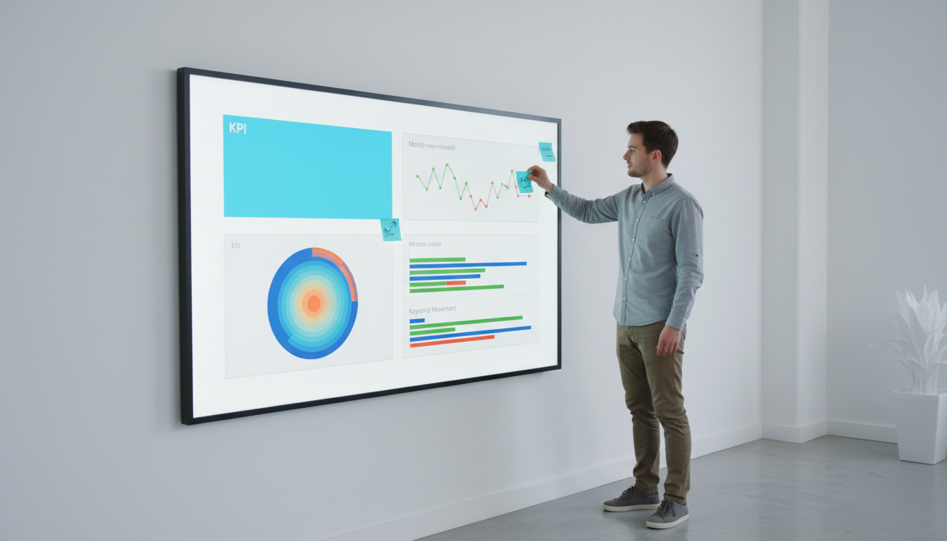 A crisp studio photo visualizing 'How to structure your SEO reporting dashboard' — a large wall monitor showing a clean dashboard wireframe made of distinct panel types (one large KPI tile, a month-over-month sparkline tile, a geographic heatmap tile, and a keyword-movement tile represented by rows of colored bars) — panels are represented by abstract shapes and colored blocks rather than text, a strategist stands to the side placing cyan sticky notes on the bezel, white office environment, consistent soft lighting, subtle #00D9FF highlights on key panels, no legible text anywhere, photorealistic and modern — 16:9 aspect ratio