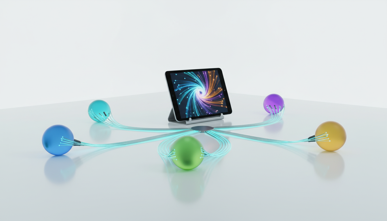 An evocative photo metaphor for 'Automating your SEO reporting workflow' — a tabletop scene showing several frosted glass 'data orbs' (each orb subtly represents a source: analytics, search, rank tracking, backlink, speed) connected by glowing fiber-optic cables that converge into a sleek tablet that displays a single consolidated signal (blurred and abstract, no text); motion blur on cables to imply continuous automated flow, white background, cyan light glows along cables and hub (~10-15% accent), professional product-photography lighting, no logos or readable text, photorealistic — 16:9 aspect ratio