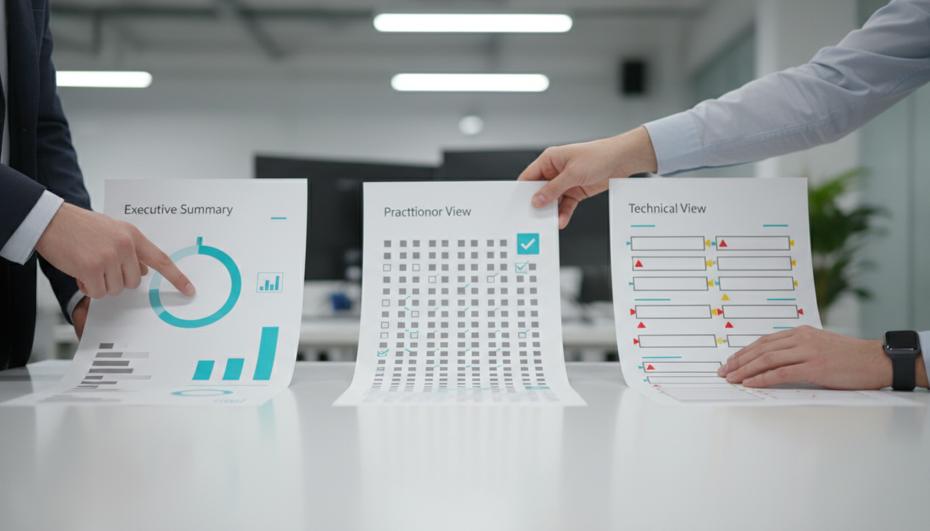 A staged photo for 'Customizing reports for different stakeholders' — three different one-page report mockups laid flat on a white table (visually distinct layouts only: one minimal executive summary with large circular KPI markers, one practitioner view dense with small table-like rectangles and checkboxes, one technical view with line-item tiles and red/yellow issue flags) — three hands reach in simultaneously: one pointing at the executive page, one picking up the practitioner page, one tapping the technical page; consistent cyan (#00D9FF) accent used as a small highlight on each mockup, shallow depth of field, bright modern lighting, no legible text on any page, photorealistic — 16:9 aspect ratio