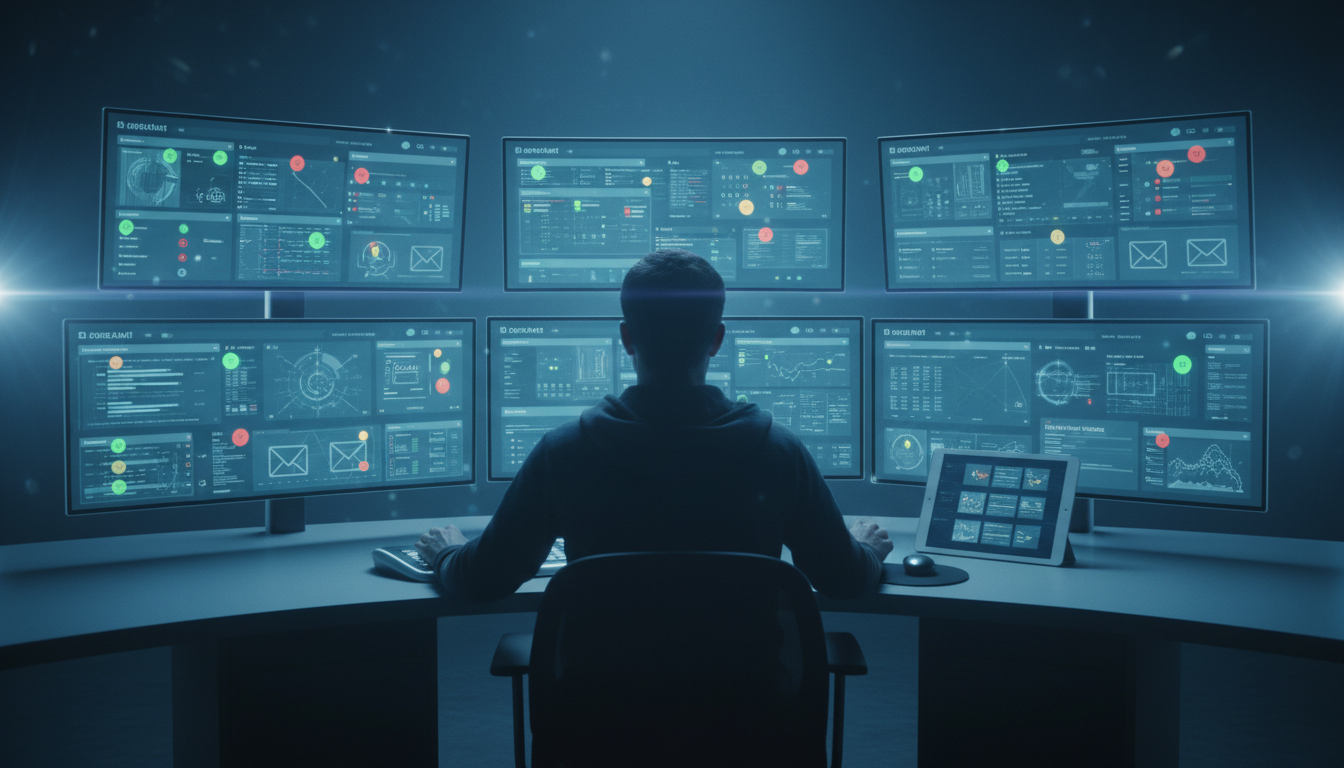 Mission-control style reporting operations desk: an analyst configures automation and alerting on a bank of screens showing multiple dashboard tiles, color-coded alert badges (green/yellow/red dots) and calendar/envelope icons representing scheduled email delivery — screens are abstracted with graphical widgets and intentionally blurred numbers so nothing is legible; a tablet beside the keyboard shows a template library grid, cyan (#00D9FF) accents used on active widgets (~10% of image), cool studio lighting, cinematic professional photography emphasizing automation and proactive alerts, no visible text or third-party logos, 16:9 aspect ratio