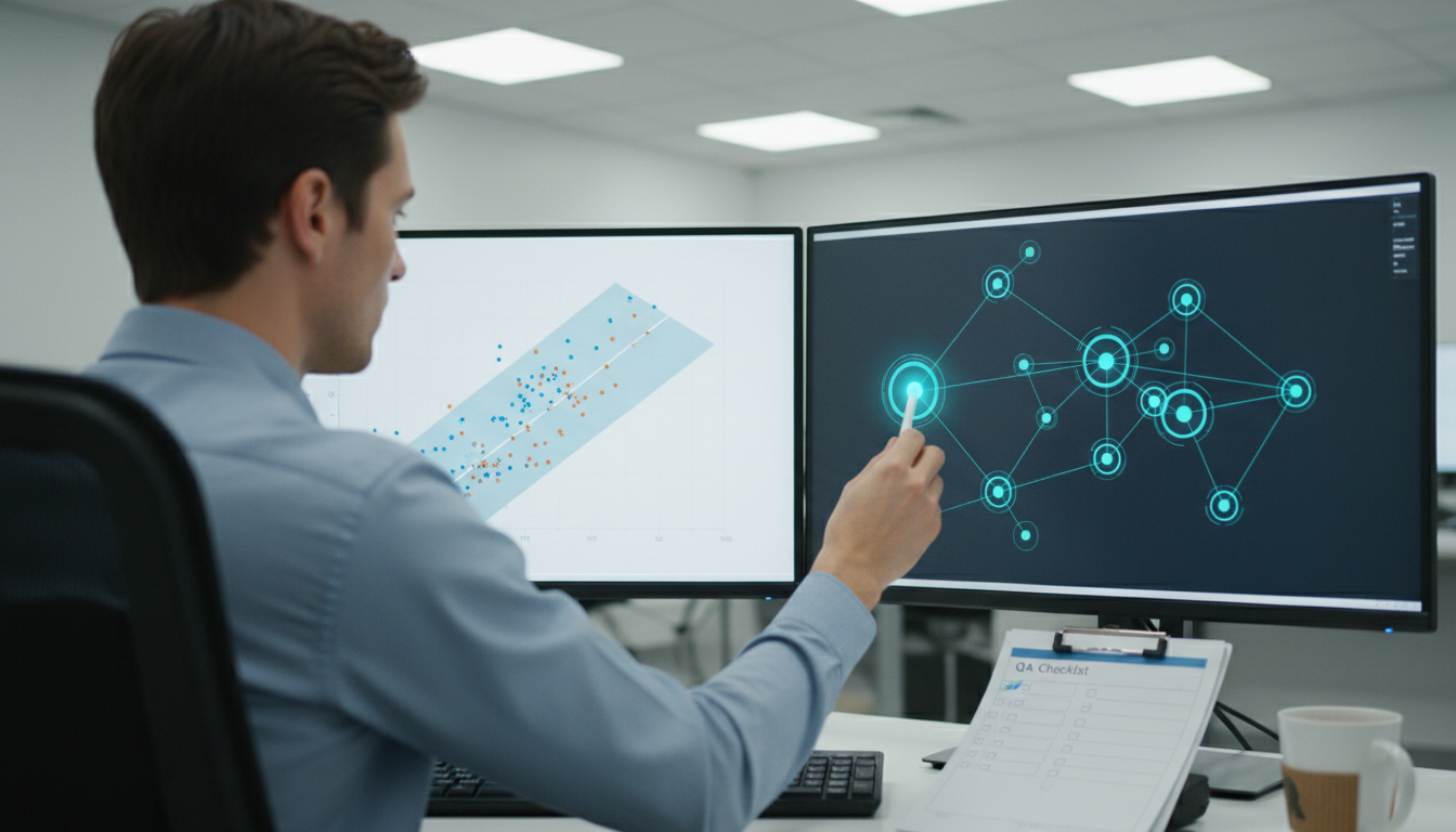 Data quality and attribution investigation: a focused analyst at a dual-monitor setup cross-references two visualizations — left screen shows an impression vs. click scatter and trend bands, right screen shows an event-based attribution graph with glowing event nodes and connecting paths (representing GA4's event model) — analyst points with a stylus at a highlighted event node, printed QA checklist with checkboxes on the desk (no words), cyan (#00D9FF) glows on node connectors (~15% accent), clinical bright office lighting, high-detail professional photography capturing the article's emphasis on GA4 data quality and reconciliation without any readable text or logos, 16:9 aspect ratio