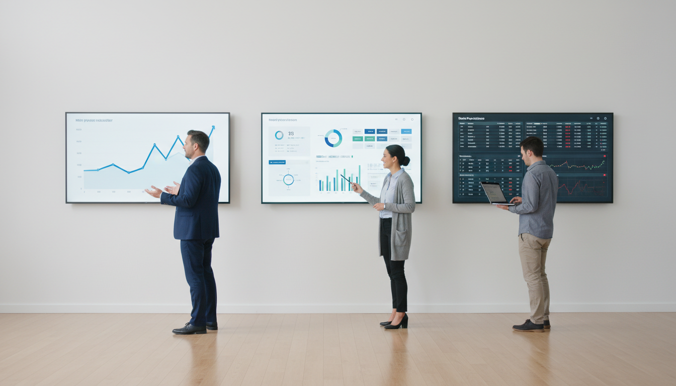 Stakeholder-specific dashboards — candid editorial-style photo of three adjacent vertical displays on a pristine white wall, each screen showing a distinct dashboard layout: left screen is minimal with a single large outcome chart and a prominent clean visual emphasis, middle screen shows mixed charts and mid-density widgets, right screen is dense with many small tables and technical indicators (red alert dots). Three professionals stand in front of their respective screens (an executive in a blazer at the left, a client-facing manager in the middle, and a practitioner with a laptop at the right) interacting naturally. Use subtle cyan (#00D9FF) accent lighting on each screen (about 10% of color), no text, no logos, professional modern photography, 16:9 aspect ratio