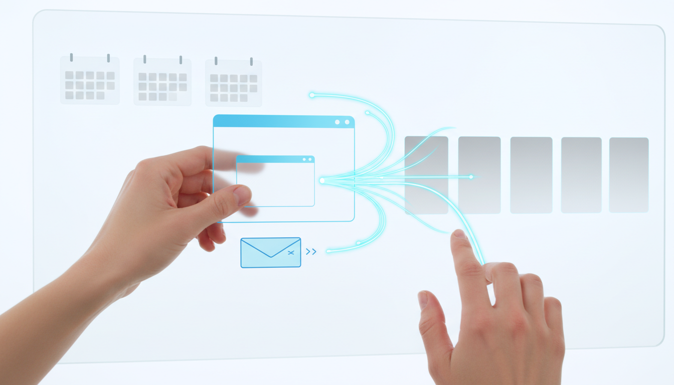 Automation & template workflow — close-up, hands-on scene: a pair of hands (one dragging a clean dashboard template card on a touchscreen surface) while semi-transparent calendar tiles and an envelope-shaped delivery tray float nearby; animated-style cyan (#00D9FF) motion streaks link the template to multiple blank client tiles to imply scheduled replication and email delivery. All UI elements are graphical and contain no readable text or vendor branding; background is bright white, lighting crisp and professional, conveys automation, scheduling, template reuse and time savings specific to SEO dashboard workflows, professional modern photography/composite, no text, 16:9 aspect ratio