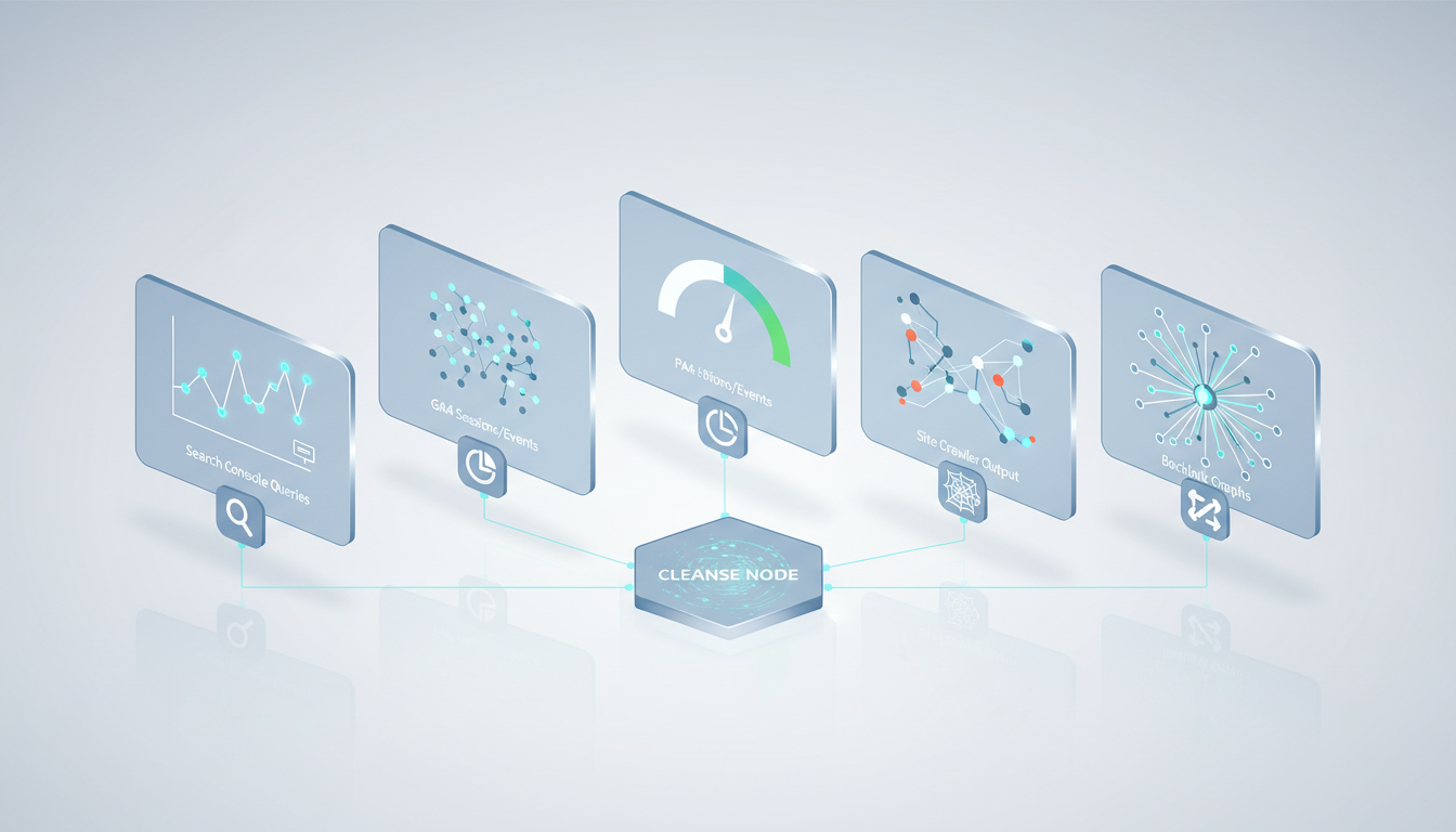 Visualizing 'Primary Sources of SEO Data': a neat isometric row of five translucent data tiles floating above a white surface, each tile showing abstract non-text visualizations (sparkline, dot matrix, speed radial, broken-link nodes, outward-link web) — stylized icons imply Search Console queries, GA4 sessions/events, PageSpeed/Core Web Vitals, site crawler output, and backlink graphs. Connectors of light show data flowing from the tiles into a central cleanse node. Clean modern illustration, consistent line weight, subtle cyan accents on key data points (about 10-20%), soft shadows, no text or UI screenshots, professional modern tone — 16:9 aspect ratio