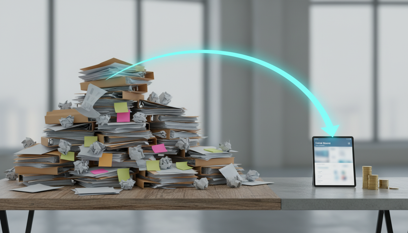 Conceptual photographic composition showing 'time saved equals money': left side features a large messy pile of printed reports and sticky notes stacked high, right side shows a single slim tablet with a clean unified dashboard UI (blurred interface) and a neat stack of coins beside it; a soft beam of cyan (#00D9FF) light arcs from the pile to the tablet indicating reclaimed time, neutral office background, professional modern styling, no text or identifiable logos, 16:9 aspect ratio