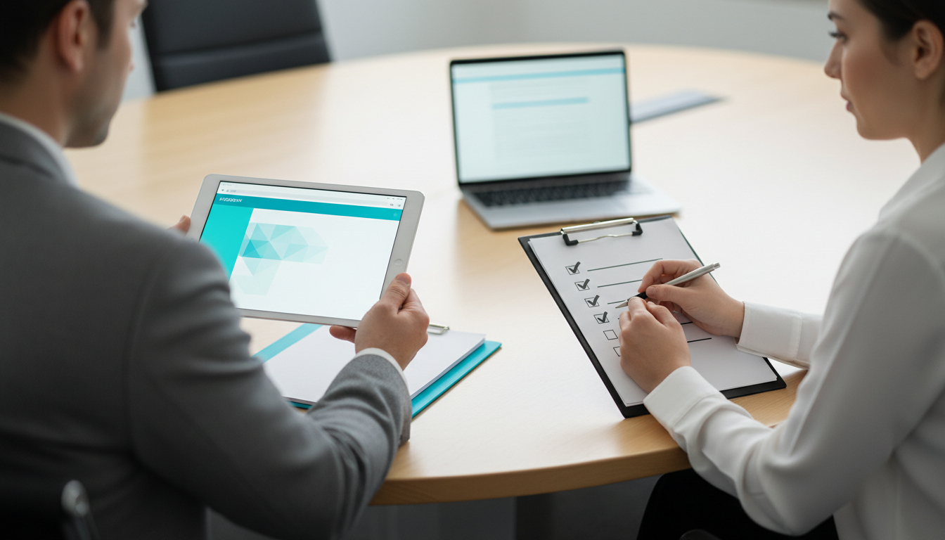 Client-ready white label governance scene: a tablet on a conference table displaying a clean, branded-looking dashboard header (color-matched accents but no logos or text) held by a client, while an agency team member in the foreground ticks items off a clipboard checklist (checkmarks visible but no words), surrounding items include a branded-color folder edge in cyan (#00D9FF) and a laptop with a blurred browser window, bright, professional lighting, evokes pre-launch verification and brand control, no readable text or platform logos, 16:9 aspect ratio