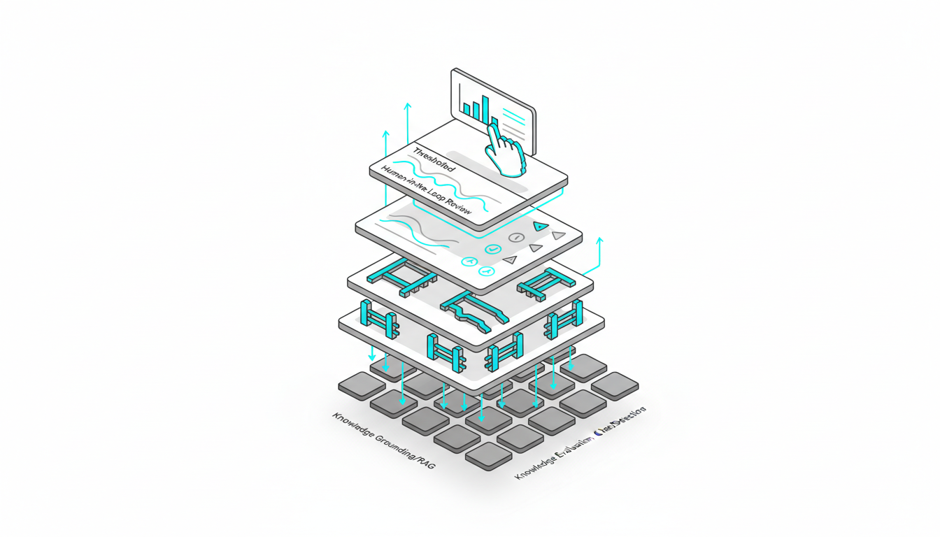 Isometric five-layer stack on a clean white background, crisp vector technical illustration with cyan #00D9FF accents: bottom