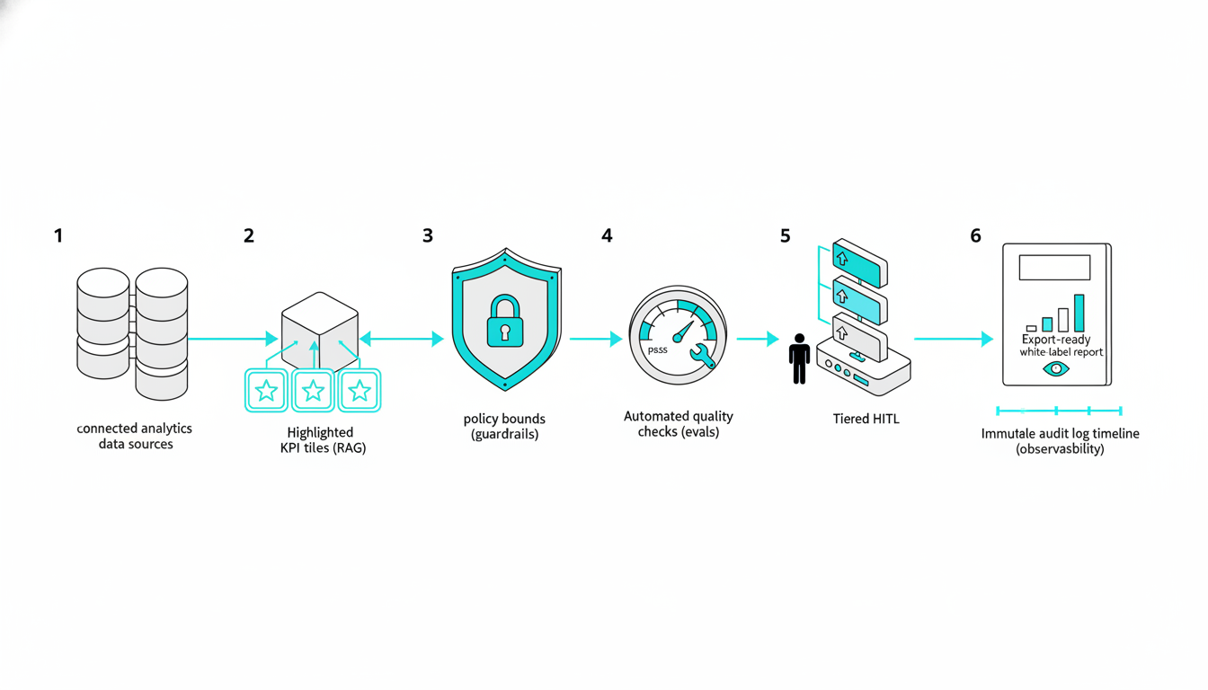 Isometric left-to-right pipeline specific to enterprise reporting: (1) connected analytics data sources as stacked cylinders 
